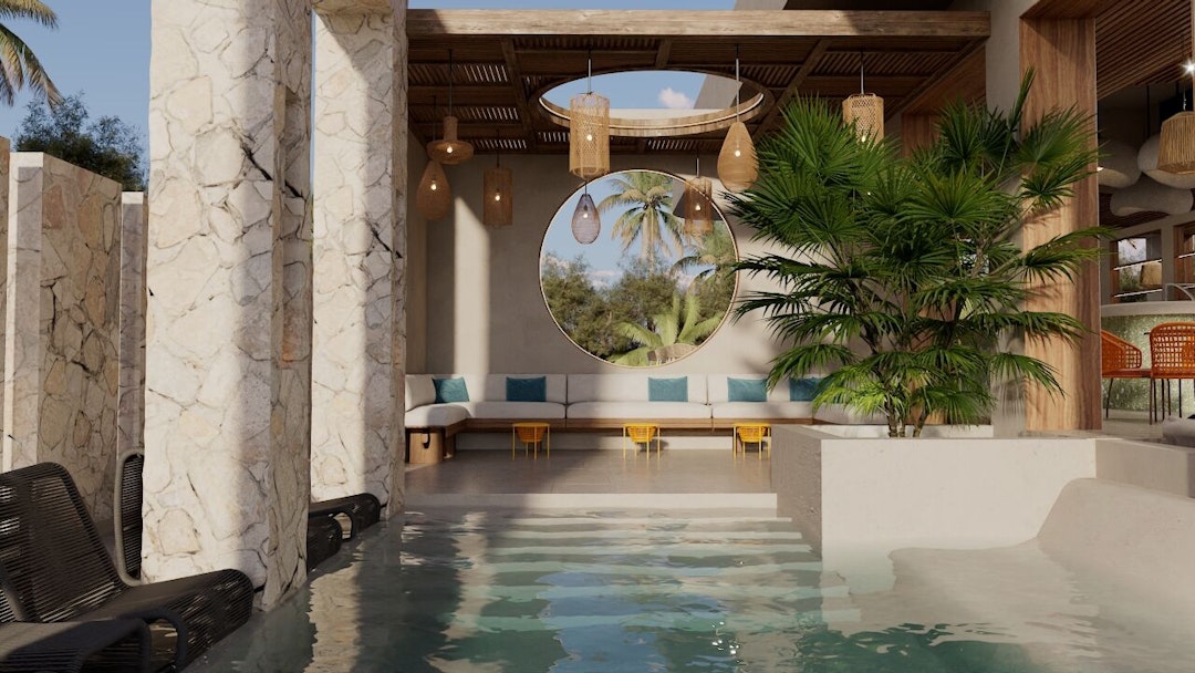 Zwembad met een bank aan de zijkant en een boho terras ernaast